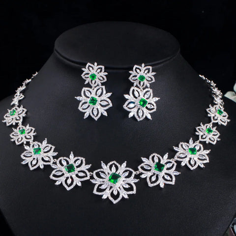 CWWZircons Beautiful Flower Green Cubic Zirconia Bridal Wedding Jewelry Set for Brides Evening Dancing Party Accessories T513