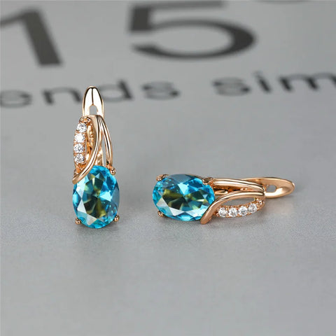Aqua Blue Zircon Oval Stone Earrings Multicolor Crystal Hoop Earrings