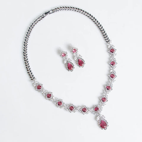 Women Simple Fashion Colored Gemstone Bridal Zircon Necklace Full Diamond Earrings Set