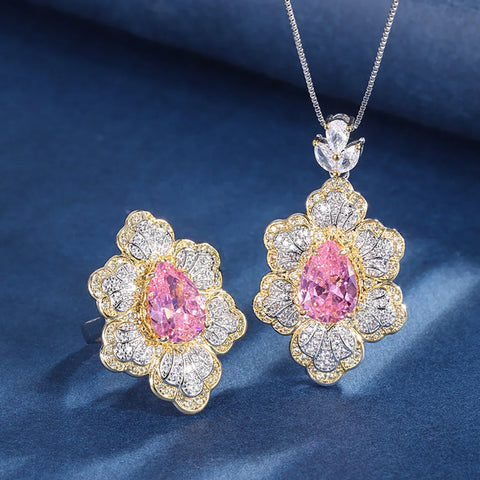 Luxury 10*14mm Pink Quartz Gemstone Wedding Party Fine Jewelry Sets for Women Lab Diamond Pendant Necklace Ring Anniversary Gift