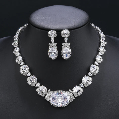 Beautiful Pink, Purple Imitation Agate Stone, Cubic Zirconia Necklace Earrings Set Bridal Wedding Jewelry Gift CN11334