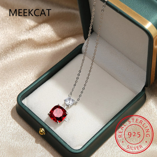 Cushion Cut Red Natural Garnet Ruby 925 Sterling Silver Square Pendant Necklace for Women Gemstone Jewelry Colar de Prata