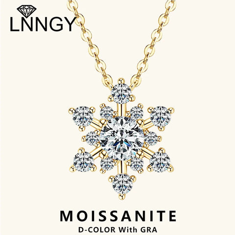 Lnngy Bling 6.5mm&3mm&2mm Moissanite Necklace 925 Sterling Silver Snowflake Pendant Necklaces for Women Christmas Jewelry Gift