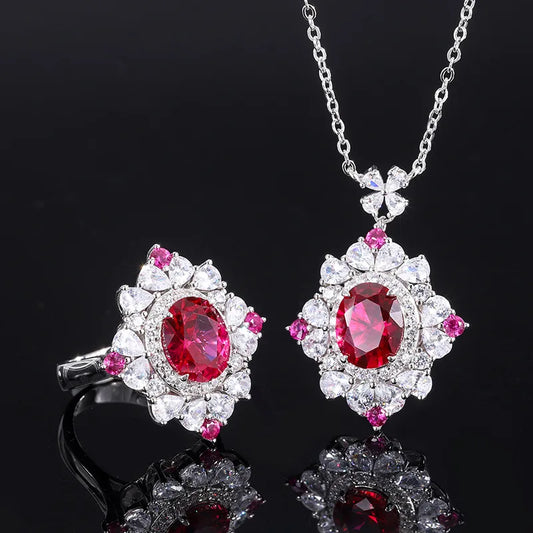 S925 Sterling Silver Lab Created Ruby Luxury Designer Jewelry Set For Women Necklace Ring Engagement Wedding Popular Gift