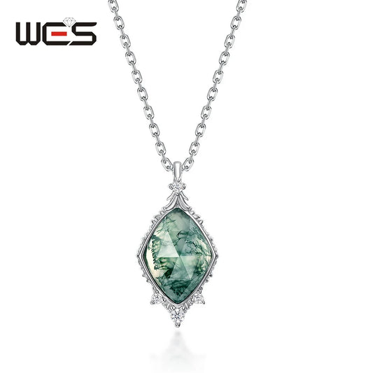 WES 925 Sterling Silver Unique Natural 8*11mm Moss Agate Pendant Necklace for Woman Forest Jewelry Engagement Gift Wholesale