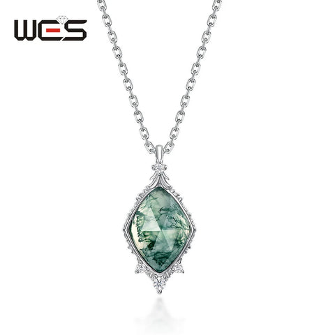 WES 925 Sterling Silver Unique Natural 8*11mm Moss Agate Pendant Necklace for Woman Forest Jewelry Engagement Gift Wholesale