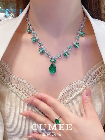 CUMEE Cute Romantic Cultivation Cubic Zirconia CZ Emerald Necklace