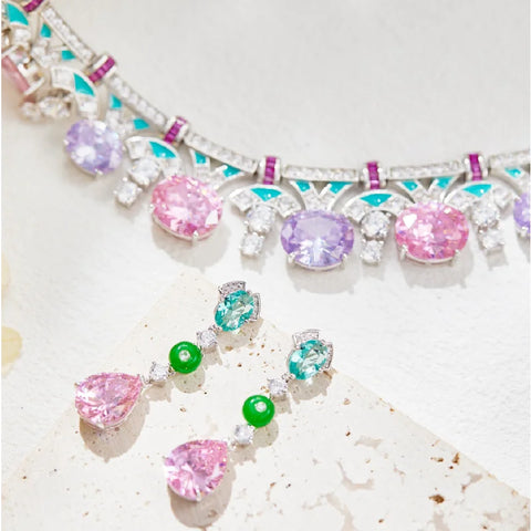Designer Collection Style Ring Earrings Necklace Women Lady Inlay Pink Round Cubic Zircon Enamel Dinner Party Jewelry Sets