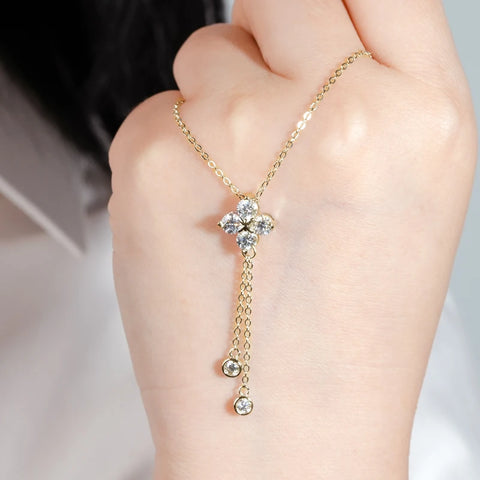 Four Leaf Clover Moissanite Jewelry Sets 925 Silver Long Tassel Pendant Necklace Stud Earrings Christmas New Year Gift for Women