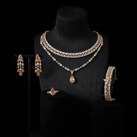 00039 Bridal Women jewelry Set Double Layer Necklace Set Cubic Zircon Wedding  Jewellery Set Dubai Saudi EngagementAccessories
