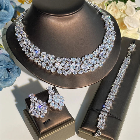 ZAKOL Brand Luxury White Dubai Nigeria Jewelry Set for Women CZ Zirconia Earrings Necklace Sets Bridal Wedding Dress