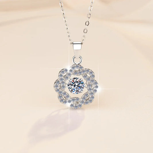 JEJIRCON S925 Sterling Silver Moissanite Necklace for Women 0.5CT Jumping Heart Moving Flower Versatile Pendant Clavicle Chain