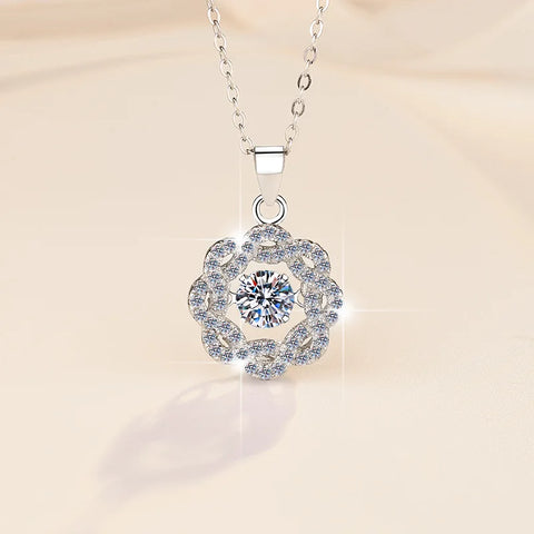 JEJIRCON S925 Sterling Silver Moissanite Necklace for Women 0.5CT Jumping Heart Moving Flower Versatile Pendant Clavicle Chain