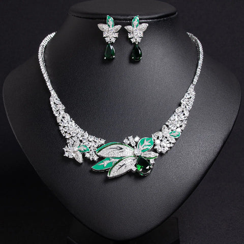 Foglia d'acero fiore pieno diamanti traslucido collana orecchini vestito nuziale donna accessori set matrimonio partito M-244