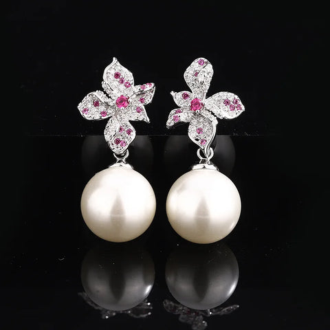 Elegant Flower White Pearl Cubic Zirconia Earrings Sparkling Necklace with Pink Crystal Ideal Wedding Dresses Accessories Gift