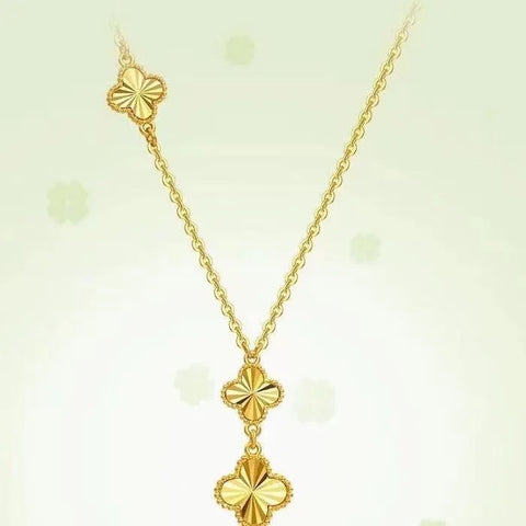 Light luxury 24K real gold four-leaf clover integrated necklace au9999 three-flower clavicle chain high-end women