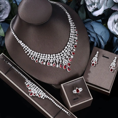 2025 Zircon Super Deluxe Tassel Water Drop Big Wedding Bridal Necklace Earrings 4 Pieces Nigerian Dubai Women's Jewelry Set