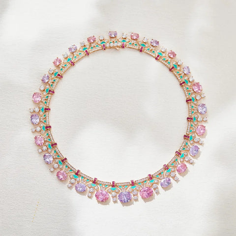 Designer Collection Style Ring Earrings Necklace Women Lady Inlay Pink Round Cubic Zircon Enamel Dinner Party Jewelry Sets