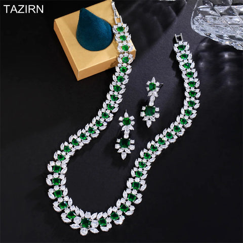 TAZIRN 2PCS Bridal Zirconia Full Jewelry Sets For Women Party Prom Luxury Dubai Nigeria CZ Crystal Wedding Jewelry Sets Gifts
