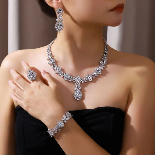 2024 Top 4 Piece Set Dubai Cubic Zirconia Tassel Drop Big Bridal Necklace Bridal Party Luxury Jewelry Set