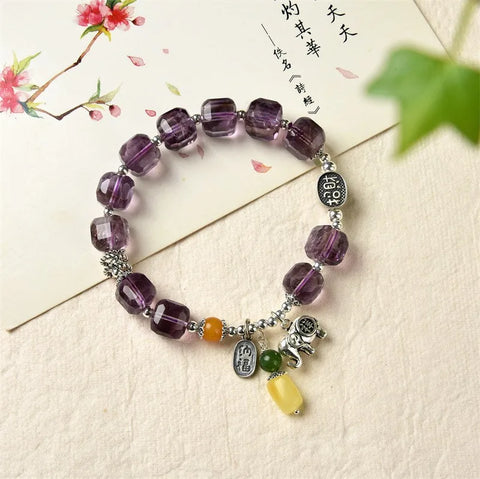 Natural S925 Sterling Silver Cut Amethyst Bead Playing Bracelet