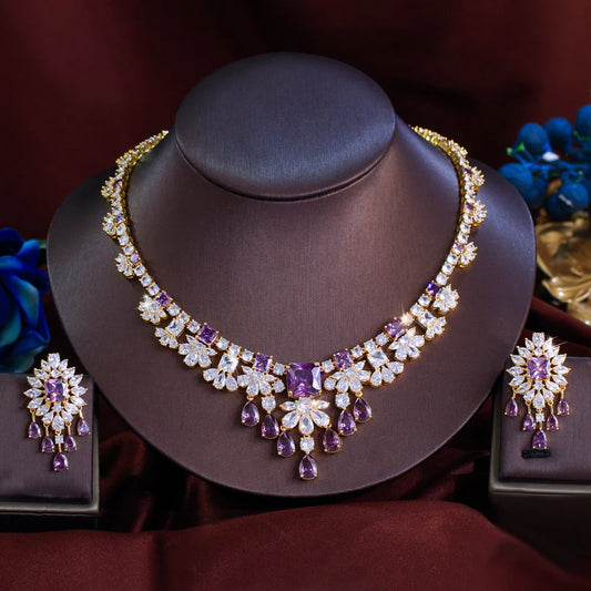 ThreeGraces Gorgeous Shiny Purple Square Zirconia Luxury Water Drop Bridal Wedding Evening Party Jewelry Set for Women T1058