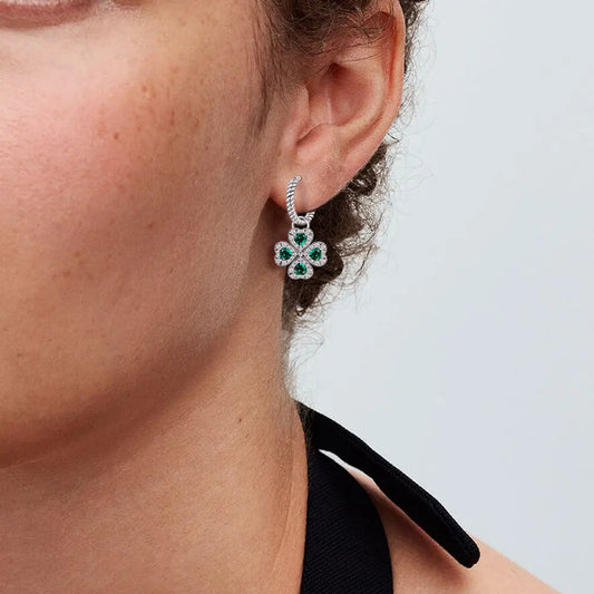 925 Sterling Silver Elegant Sparkling Lucky Clover Hoops Earring