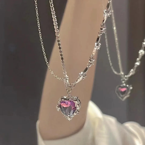 Y2K Accessories Fashion Peach Heart Water Drop Pendant Necklace Purple Crystal Egirl Sweet Cool Clavicle Chain Aesthetic Jewelry