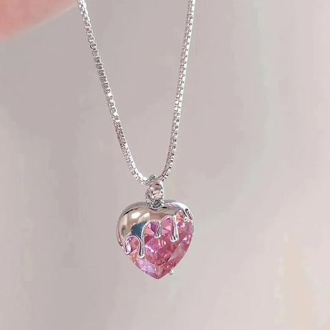 Y2K Luxury Pink Zircon Crystal Heart Pendant Necklace for Women Clavicle  Birthday Party Anniversary Gift Jewelry mujer