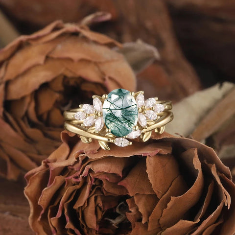 Oval Shaped Natural Moss Agate Engagement Ring
