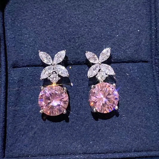 Huitan Exquisite Flower Dangle Earrings Pink Cubic Zirconia