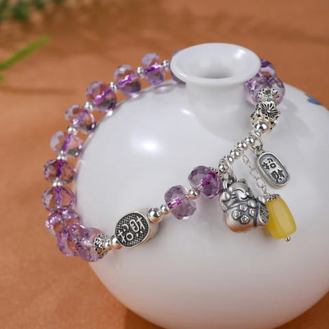 Natural S925 Sterling Silver Cut Amethyst Bead Playing Bracelet