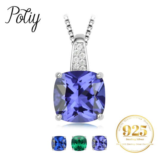 Potiy 4.73ct Cushion Created Sapphire Nano Emerald Tanzanite Pendant Necklace No Chain 925 Sterling Silver for Women valentines
