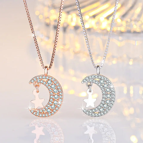 New 925 Sterling Silver Star&Moon Rhinestone Pendant Neckalces Women Fashion Jewelry Constellation Rose Gold Zircon Choker Chain
