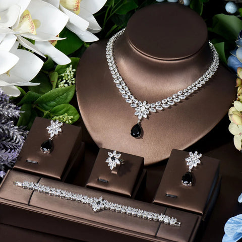 HIBRIDE Elegant Women Wedding Jewellery African CZ Crystal Water Drop Bridal Necklace Bracelet And Earrings Jewelry Sets N-789