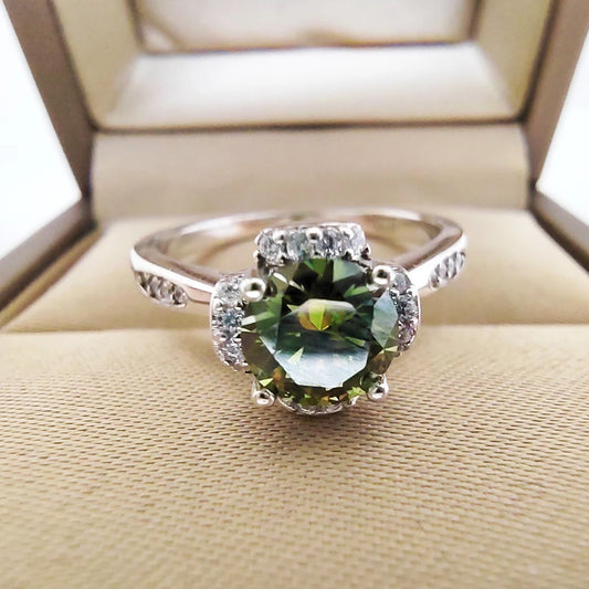 1CT Green Moissanite Silver Ring