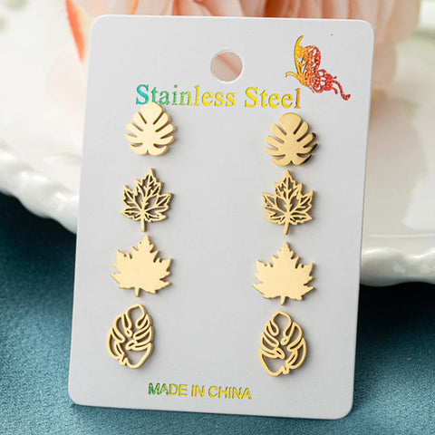 4Pairs/Lot Fashion Stainless Steel Star Moon Stud Earrings Sets
