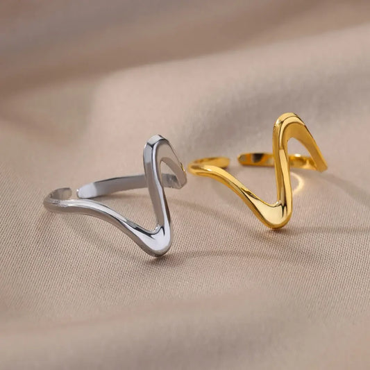 LATS Vintage Stainless Steel Geometric Wave Rings