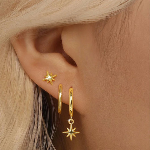 3 Piece Fashion Stainless Steel Round Star Drop Earrings