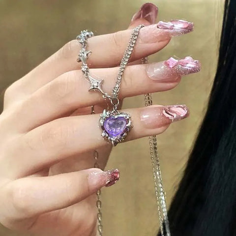 Y2K Accessories Fashion Peach Heart Water Drop Pendant Necklace Purple Crystal Egirl Sweet Cool Clavicle Chain Aesthetic Jewelry