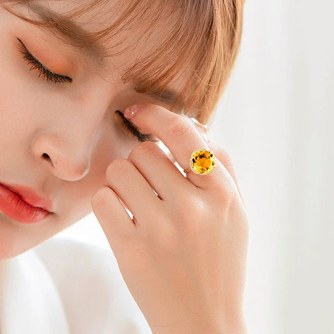 Natural Yellow Citrine Quartz Flower Adjustable Ring
