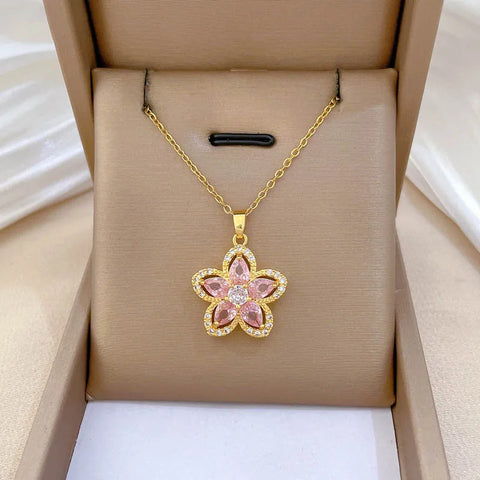 DIEYURO 316L Stainless Steel Pink Rhinestone