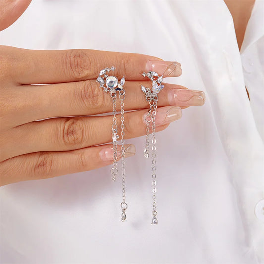 New Asymmetric Moon Butterfly Long Tassel Earrings