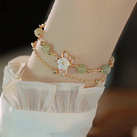 Double Layers Green Jade Flower Butterfly Jewelry