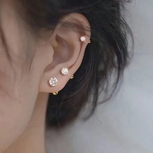 3Pairs Classic Round Zirconia Stud Earrings
