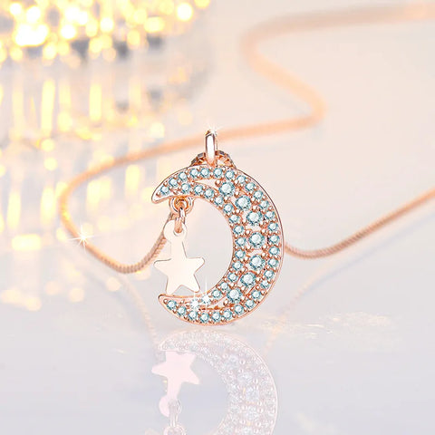 New 925 Sterling Silver Star&Moon Rhinestone Pendant Neckalces Women Fashion Jewelry Constellation Rose Gold Zircon Choker Chain