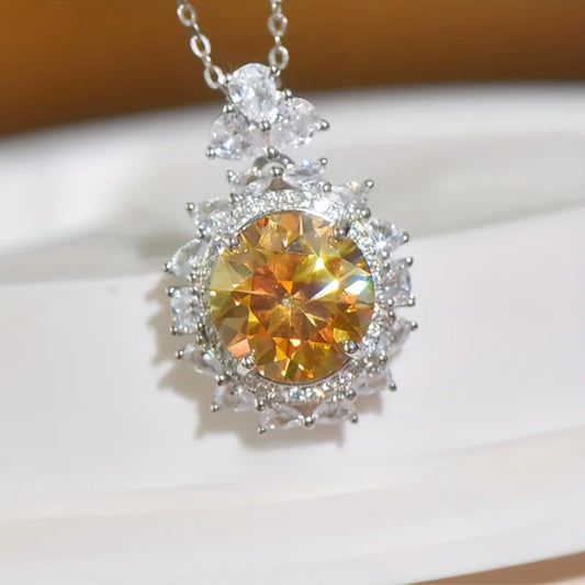 Delicate Sparkling Sunflower Yellow Moissanite Necklace, S925 Silver Premium Elegant Pendant Necklace, Birthday Valentine's Day
