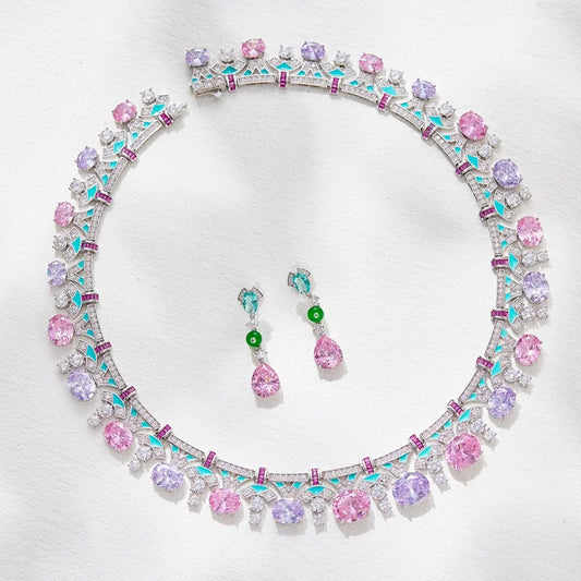 Designer Collection Style Ring Earrings Necklace Women Lady Inlay Pink Round Cubic Zircon Enamel Dinner Party Jewelry Sets