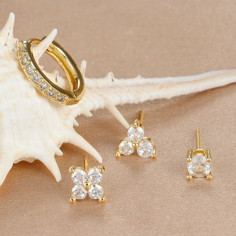 4PCS 18K Gold Plated Flower Round Piercing Earrings