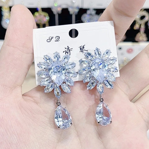 Adjustable Waterdrop Pendant Zirconia Necklace Earrings Women New Silver Color Bridal Wedding Fashion Jewelry Set Party Gifts